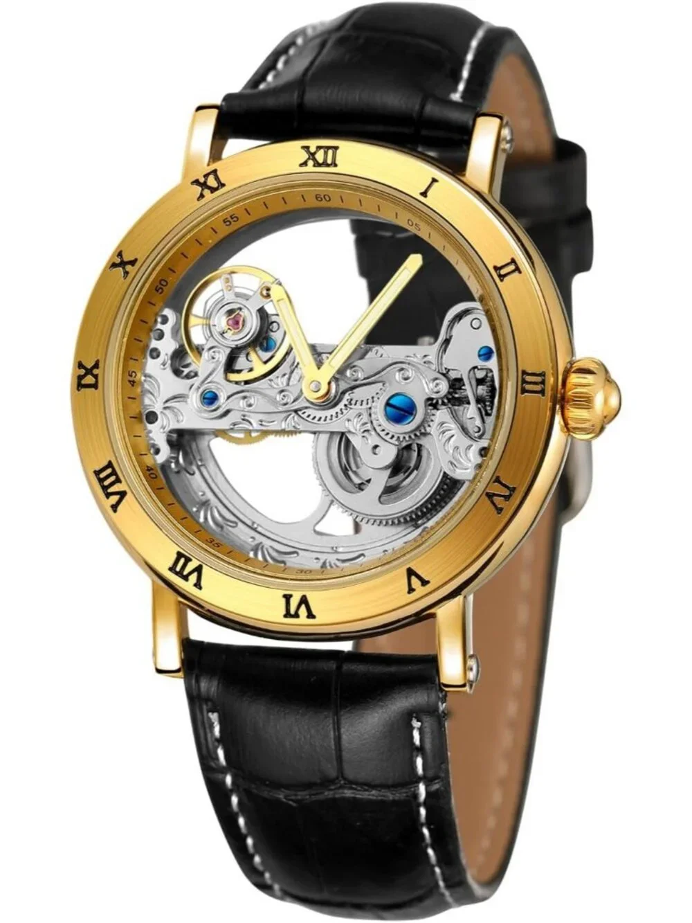 Men's Silver Black Unique Design Automatic Genuine Leather Strap Skeleton Watch